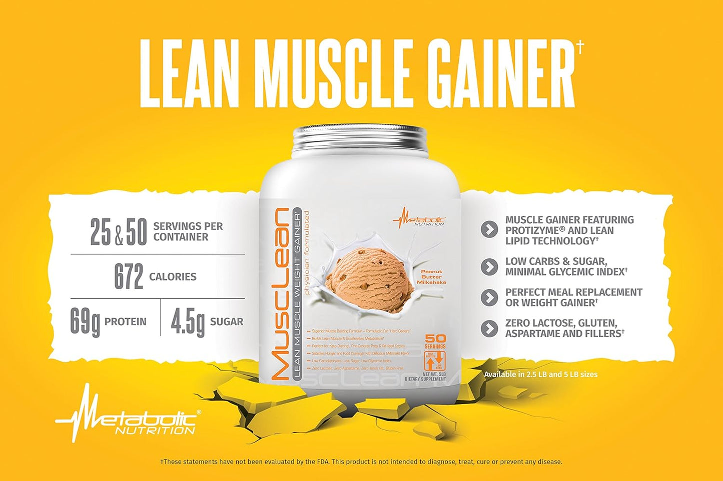 Metabolic Nutrition Musclean Milkshake: High Protein Meal Replacement with Digestive Enzymes, Peanut Butter Flavor, 5 lb (50 serv)