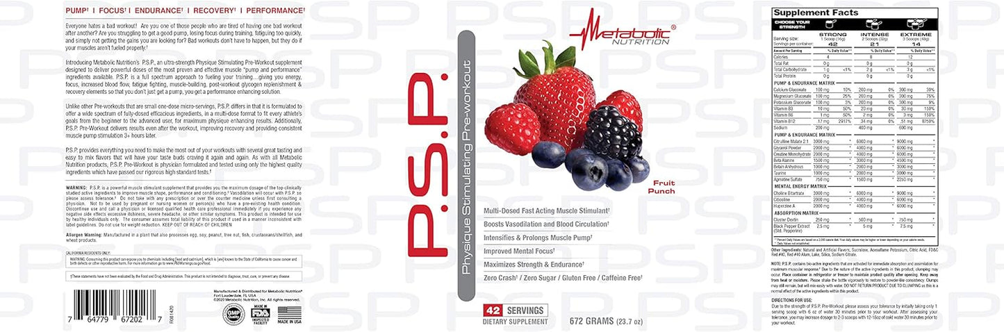 Metabolic Nutrition P.S.P. Fruit Punch PreWorkout - 672g, Zero Sugar, Caffeine Free, Physique Stimulating Formula