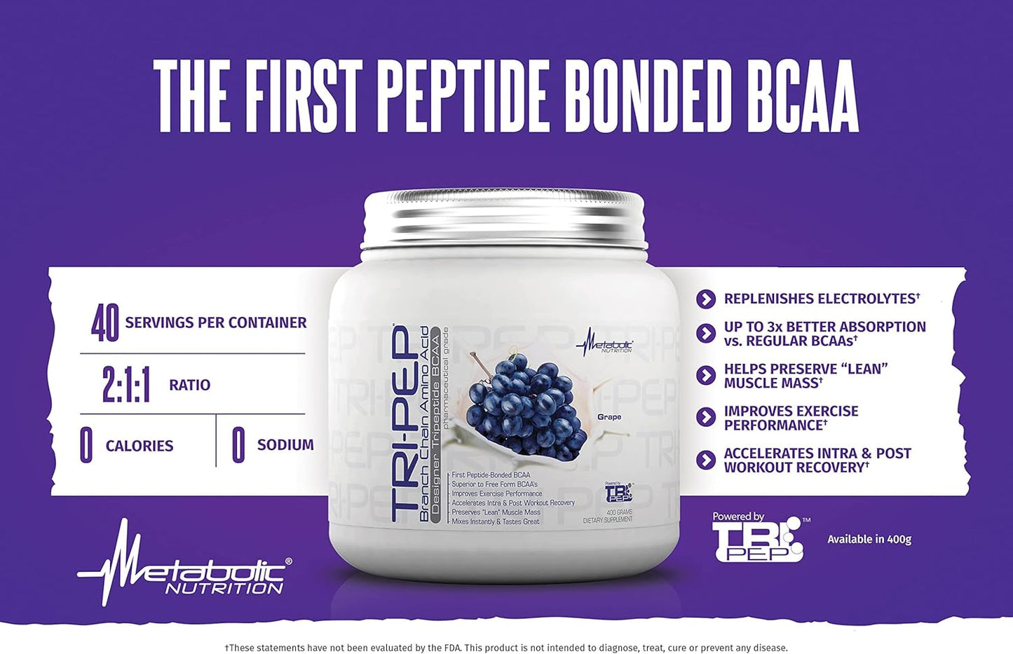 Metabolic Nutrition TRIPEP BCAA Powder - Grape Flavor 400g (40 Servings) - Pre, Intra, Post Workout Supplement