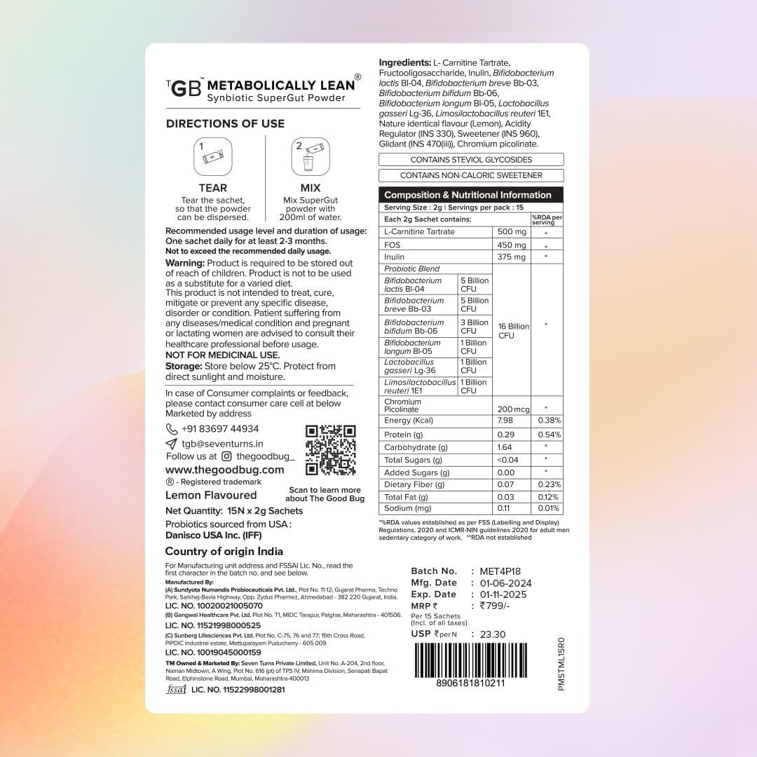 Metabolically Lean L-Carnitine Probiotic & Prebiotic Synbiotic Powder for Gut Health, 60 Day Supply