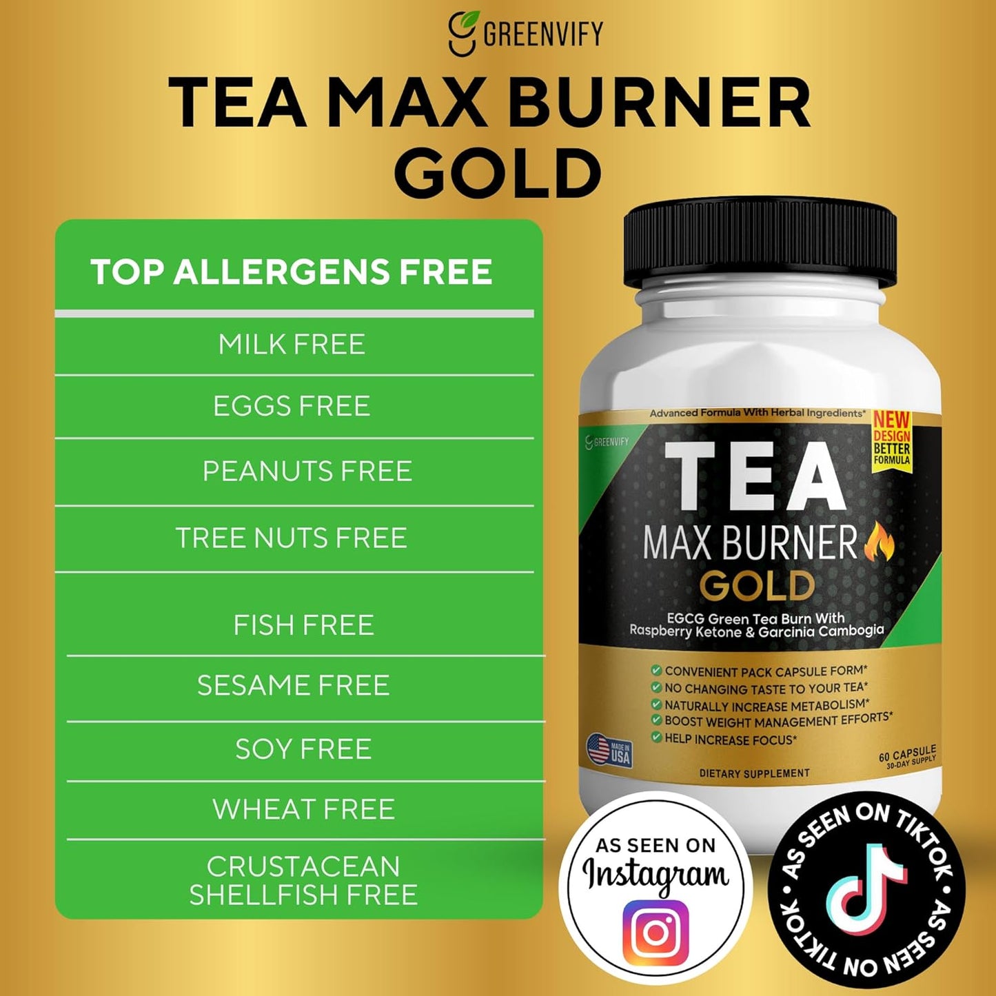 Metabolism Support & Natural Energy Boost with Green Tea & Coffee Extract, Antioxidant-Rich Supplement - 60 Capsules