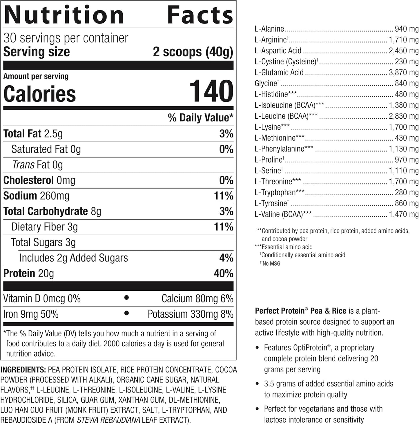 Metagenics Perfect Protein Pea & Rice Blend with OptiProtein, BCAAs, Chocolate Flavor - 30 Servings, 42.33 Oz