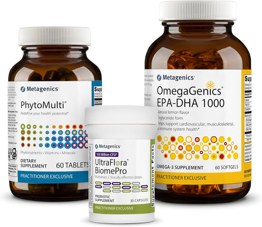 Metagenics Supplement Bundle: PhytoMulti, OmegaGenics EPA-DHA 1000, and UltraFlora BiomePro - 3 Products for Gut Health and Immune Support