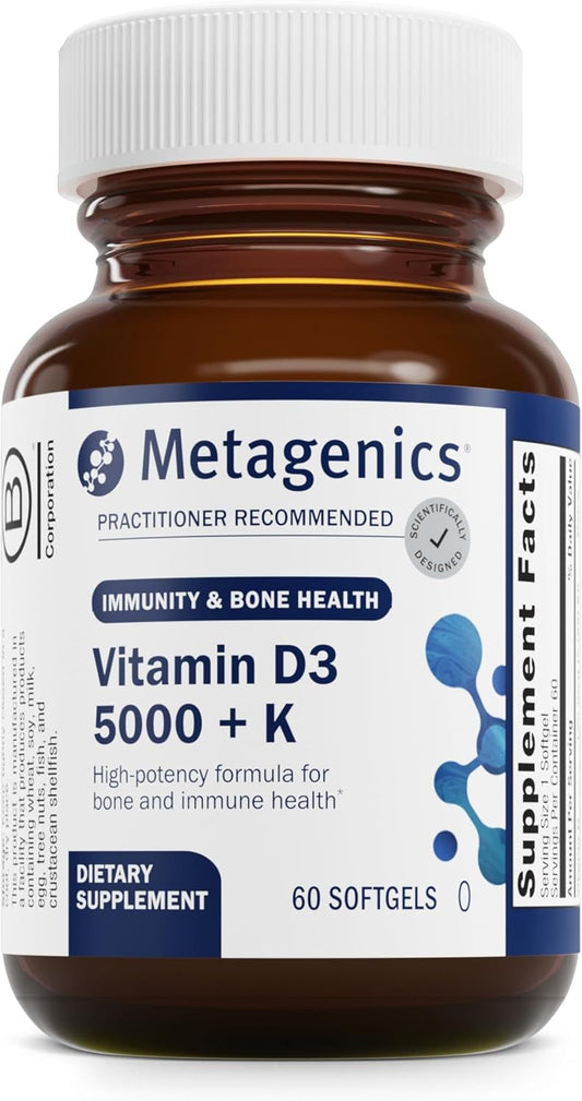 Metagenics Vitamin D3 + K Softgels - Immune, Bone, & Heart Health Support - Non-GMO - Gluten-Free - 60 Count - 5,000 IU