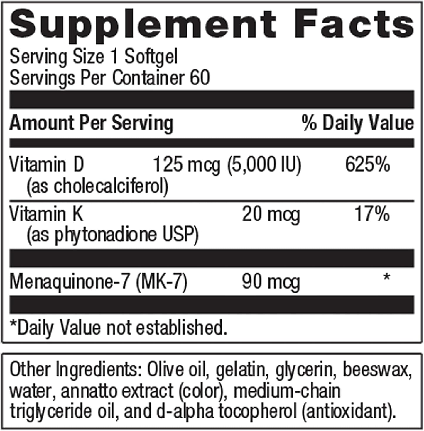 Metagenics Vitamin D3 + K Softgels - Immune, Bone, & Heart Health Support - Non-GMO - Gluten-Free - 60 Count - 5,000 IU