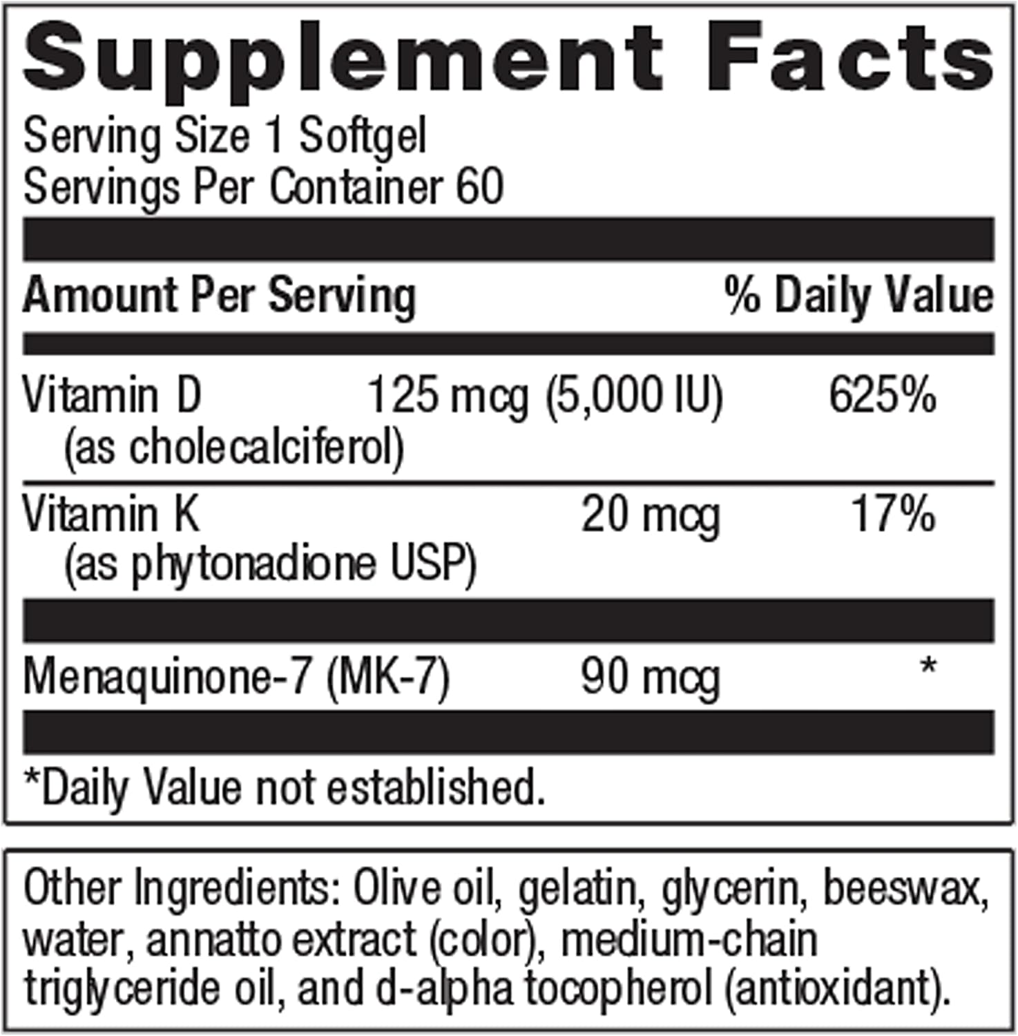 Metagenics Vitamin D3 + K Softgels - Immune, Bone, & Heart Health Support - Non-GMO - Gluten-Free - 60 Count - 5,000 IU