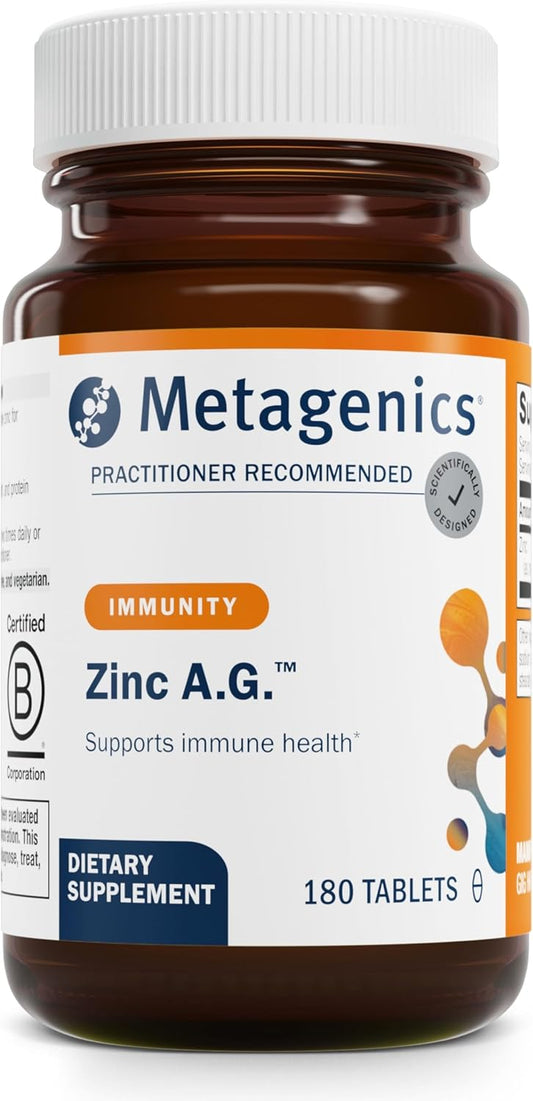 Metagenics Zinc A.G. 20mg Tablets for Immune Support, Bone Health, and Energy Metabolism - Highly Absorbable Zinc Arginate & Glycinate - Non-GMO & Gluten-Free - 180 Count