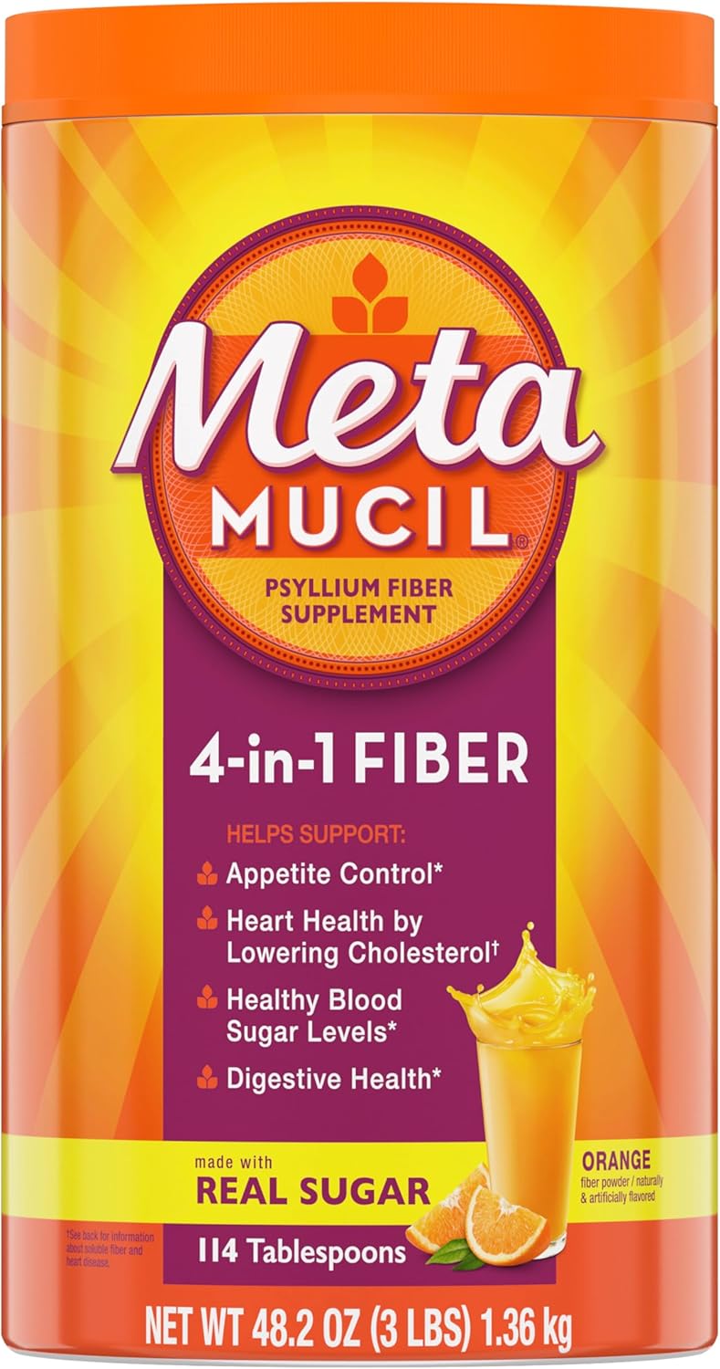 Metamucil 4-in-1 Fiber Supplement 114-Tablespoon Orange Flavored Psyllium Husk Fiber Powder with Real Sugar for Digestive Health