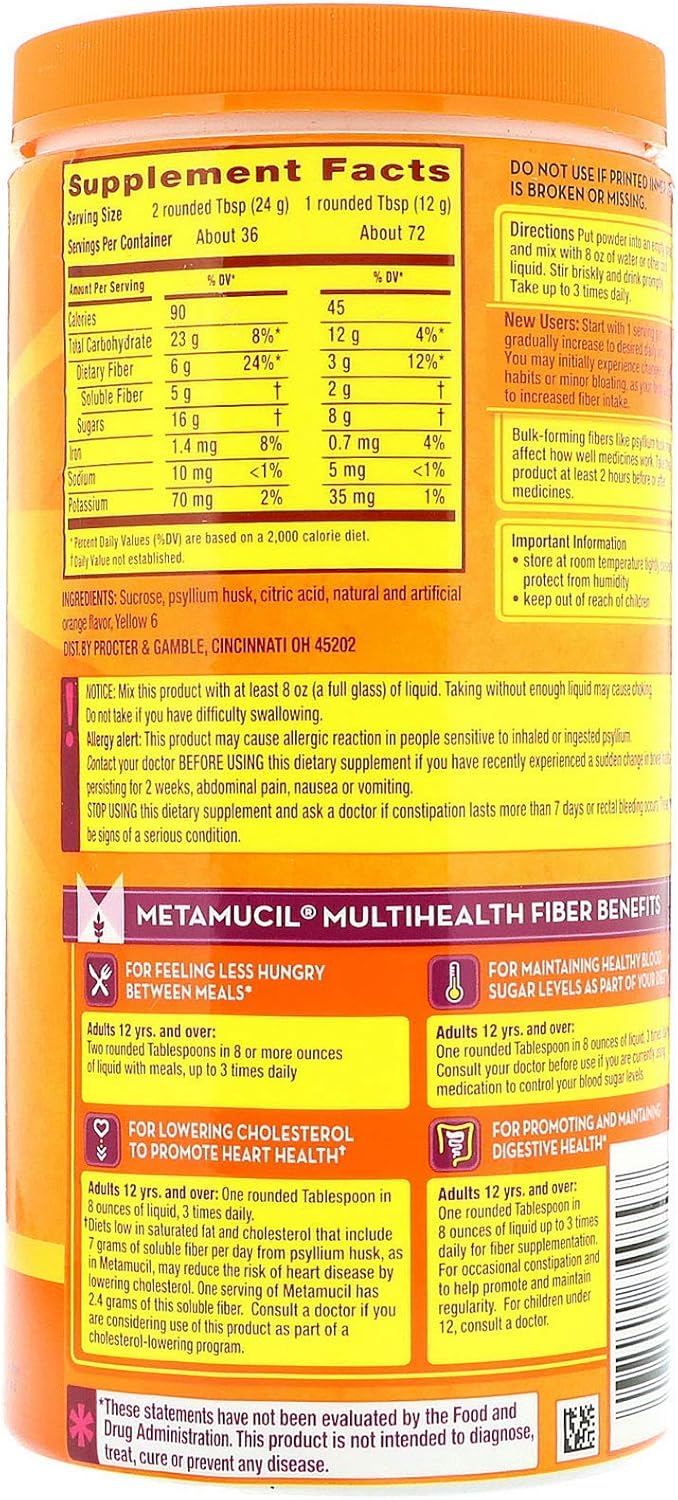 Metamucil 4 in 1 MultiHealth Fiber Powder Orange Smooth 1.9 lbs - 861 g