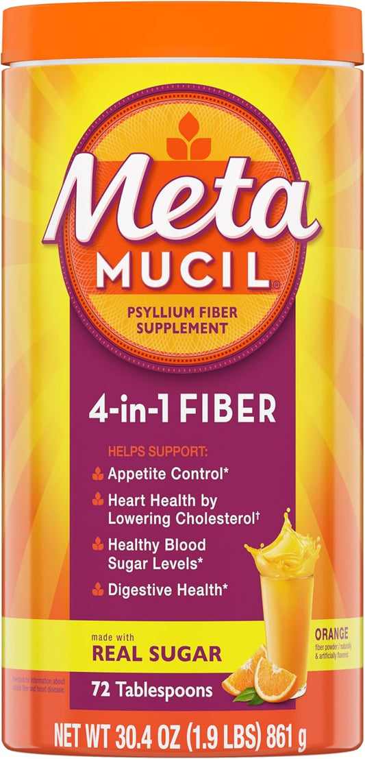 Metamucil 4-in-1 Psyllium Fiber Supplement Powder, Orange Smooth Flavored Drink, 72 Servings, 1.9 Pound