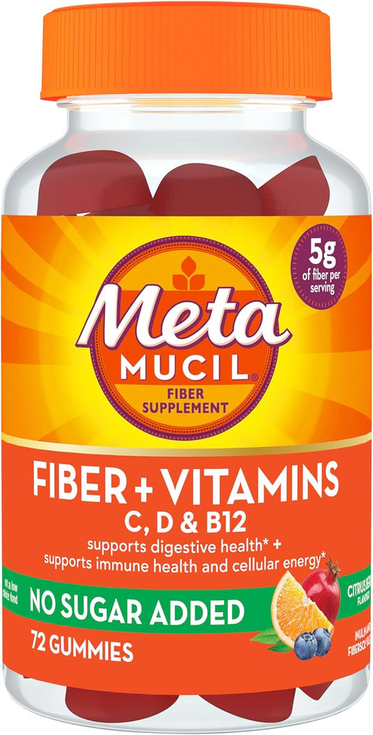Metamucil Fiber Gummies with Vitamins C, D, & B12 - Citrus Berry Flavor, 72 Count - Digestive & Immune Support, No Added Sugar