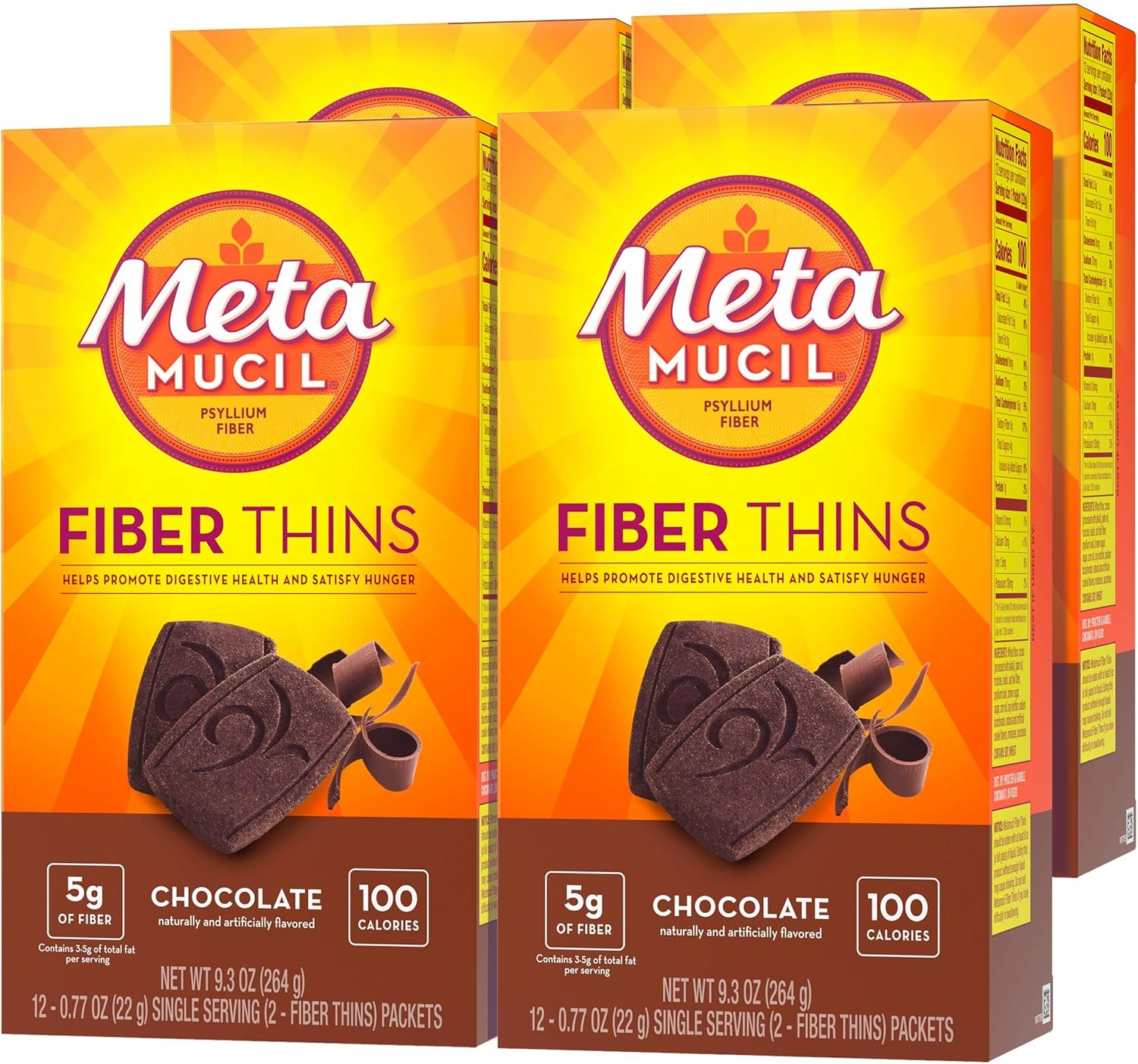 Metamucil Fiber Thins Chocolate Flavor Supplement, 48 Servings (4 Packs of 12), Supports Digestive Health & Satisfies Hunger