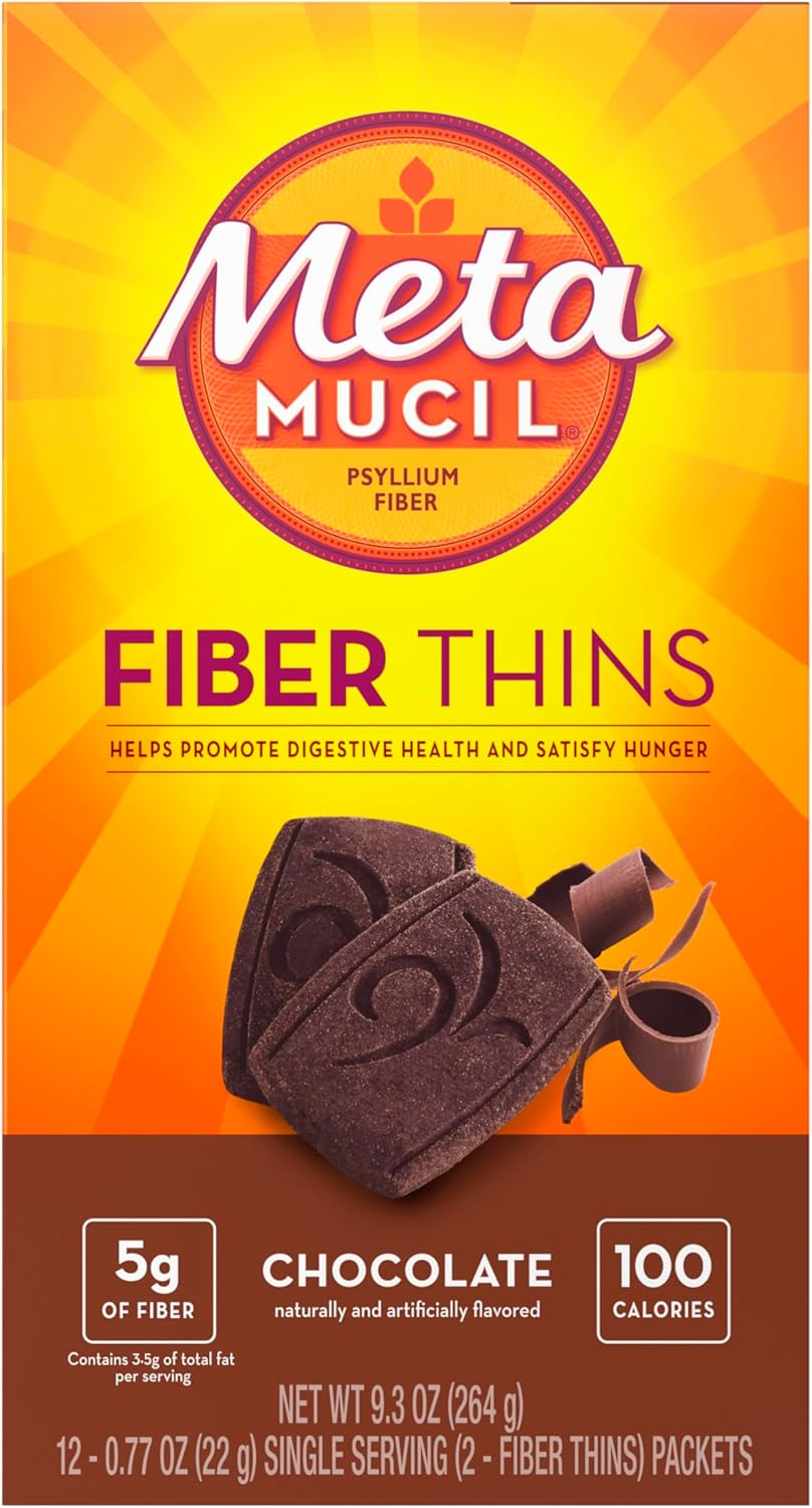 Metamucil Fiber Thins Chocolate Flavor Supplement, 48 Servings (4 Packs of 12), Supports Digestive Health & Satisfies Hunger