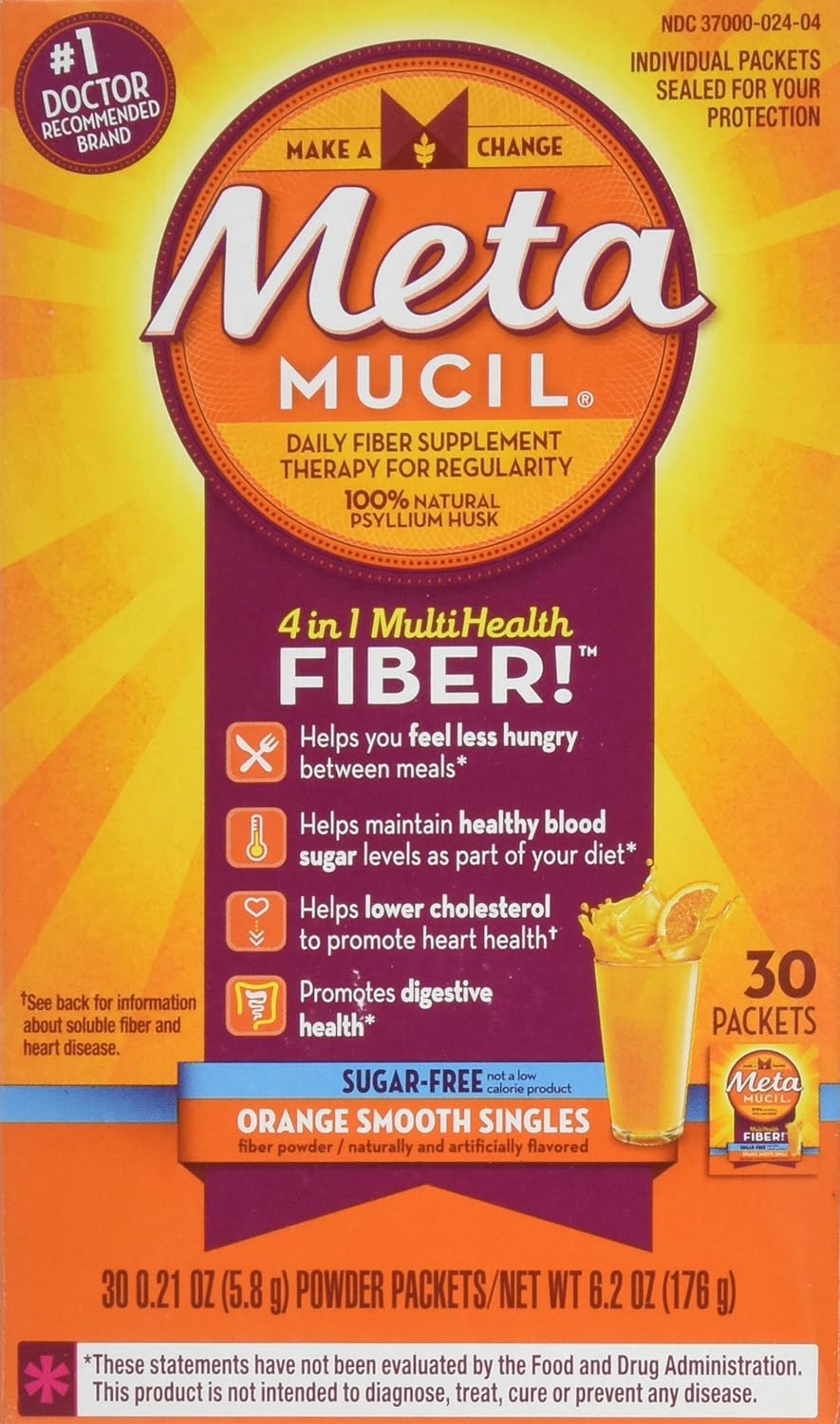 Metamucil MultiHealth Fiber Singles Orange Smooth Sugar-Free 30 Pack 0.21oz