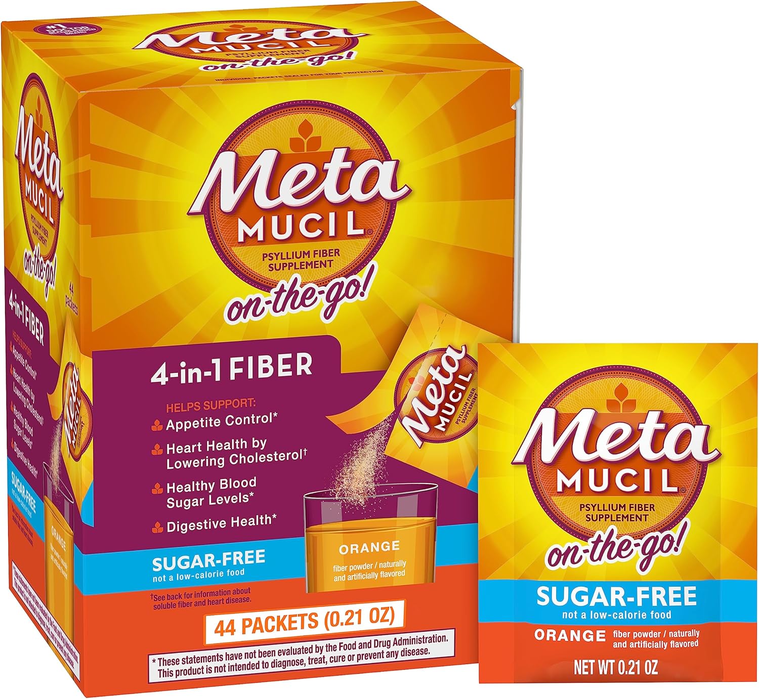 Metamucil On-The-Go Orange Flavored Sugar-Free Fiber Supplement Powder, 44 Packets