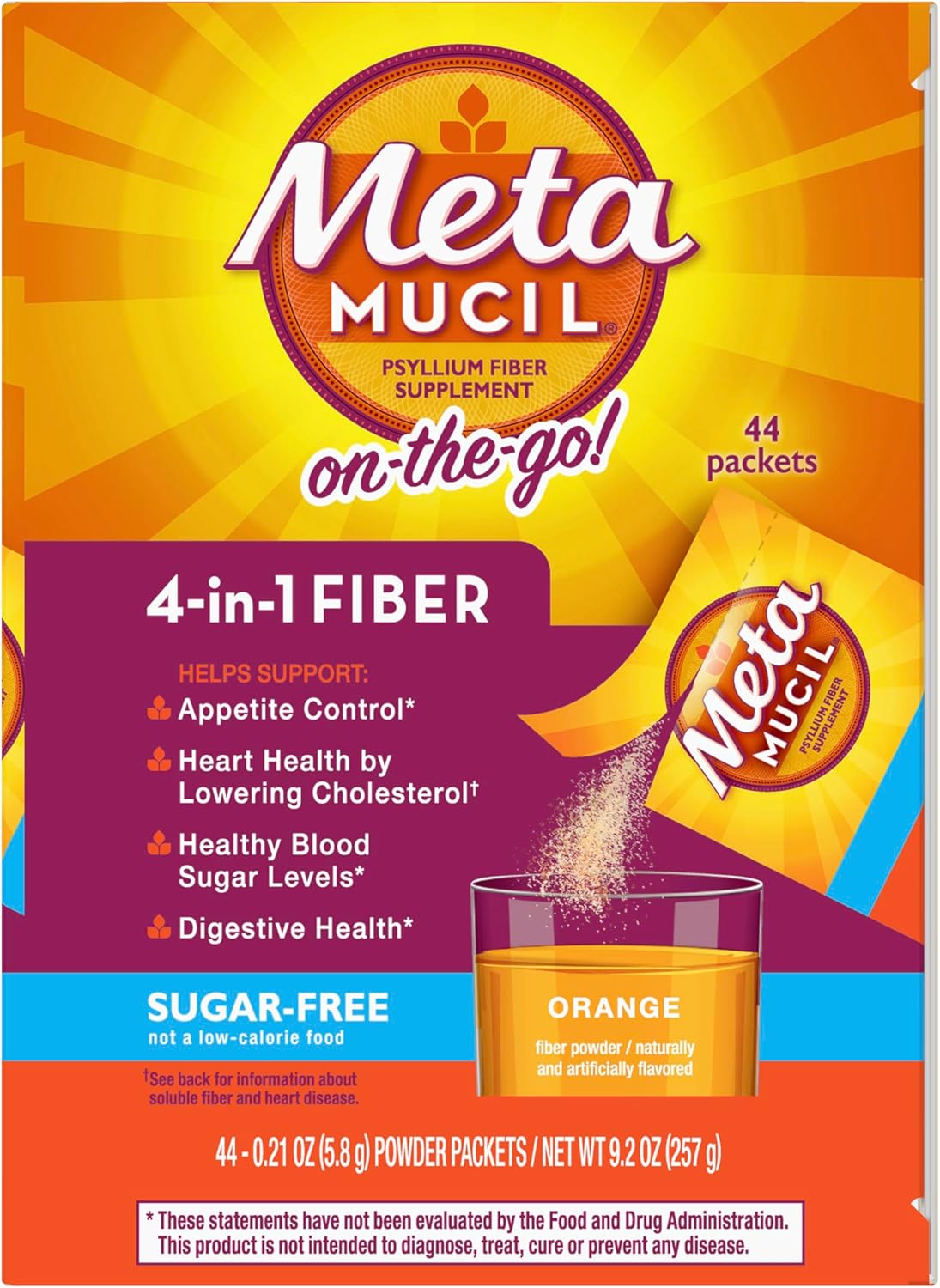 Metamucil On-The-Go Orange Flavored Sugar-Free Fiber Supplement Powder, 44 Packets