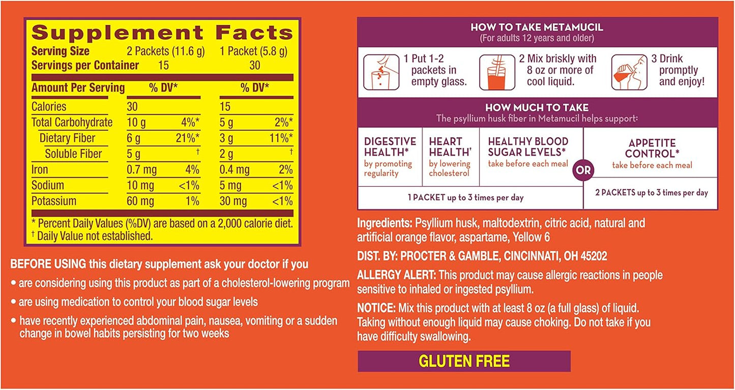 Metamucil On-The-Go Psyllium Husk Fiber Supplement, Orange Flavor, Sugar-Free - 60 Count Total, 2 Packs