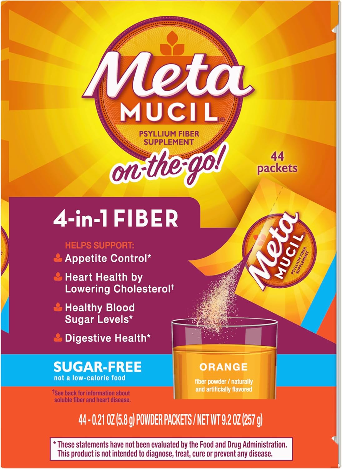 Metamucil On-The-Go Sugar-Free Orange Fiber Drink Packets for Digestive Health - 44 Pack.