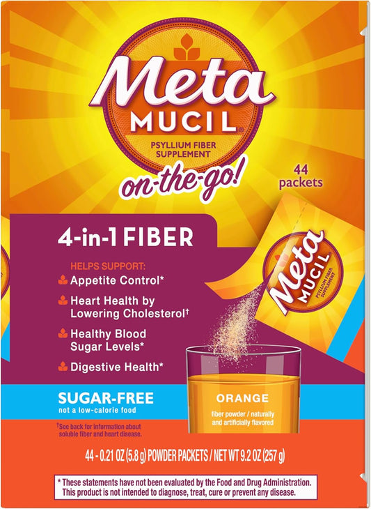 Metamucil On-The-Go Sugar-Free Orange Fiber Drink Packets for Digestive Health - 44 Pack.