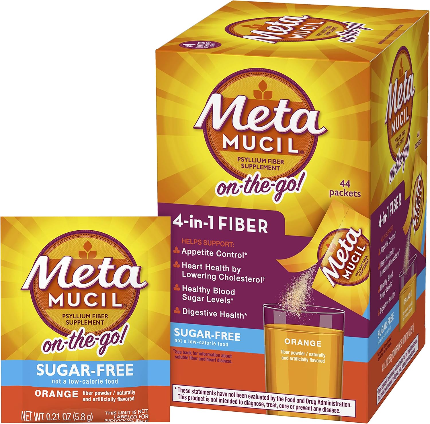 Metamucil On-The-Go Sugar-Free Orange Fiber Drink Packets for Digestive Health - 44 Pack.