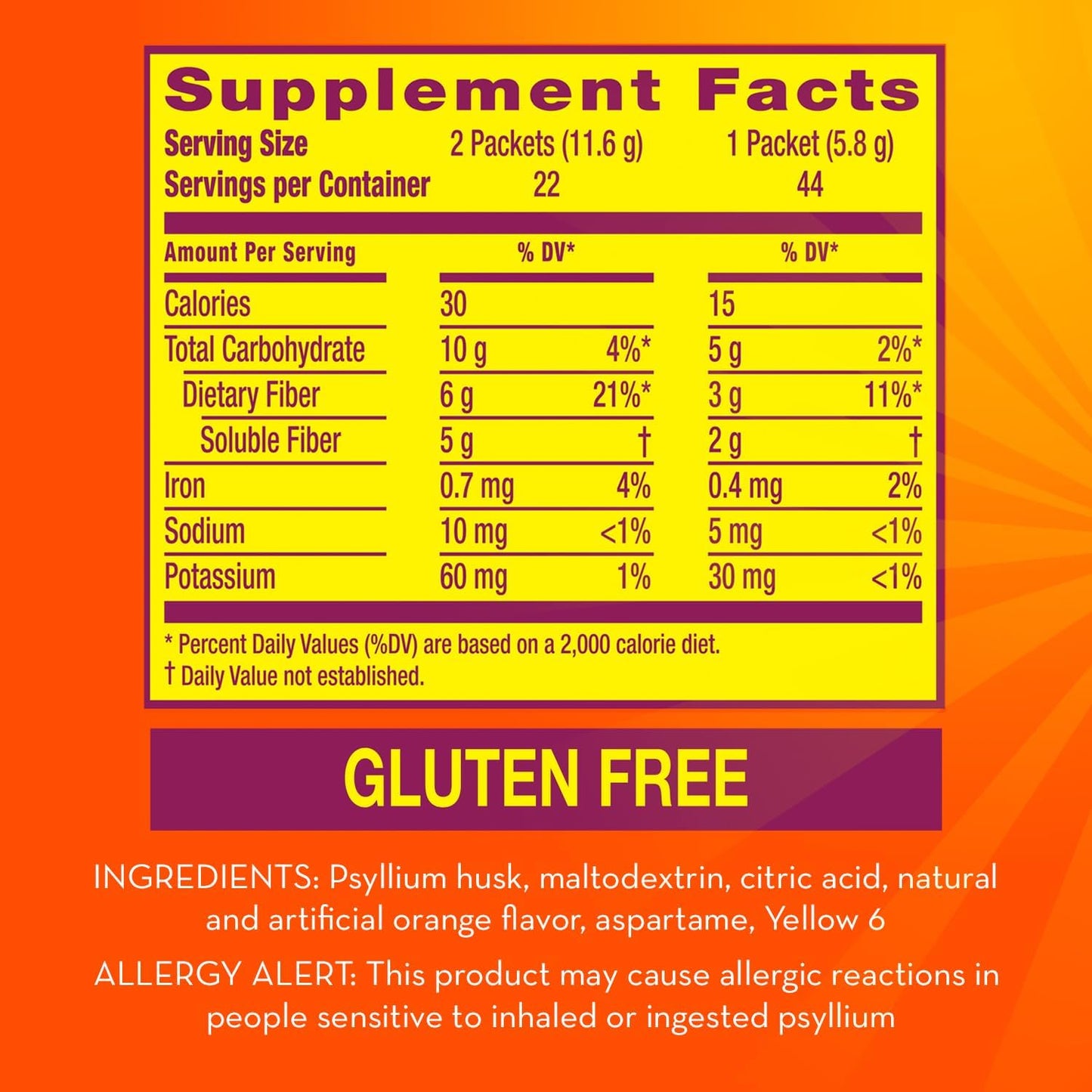 Metamucil On-The-Go Sugar-Free Orange Fiber Drink Packets for Digestive Health - 44 Pack.