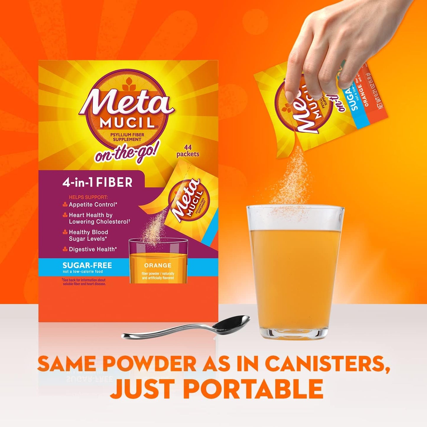 Metamucil On-The-Go Sugar-Free Orange Fiber Drink Packets for Digestive Health - 44 Pack.