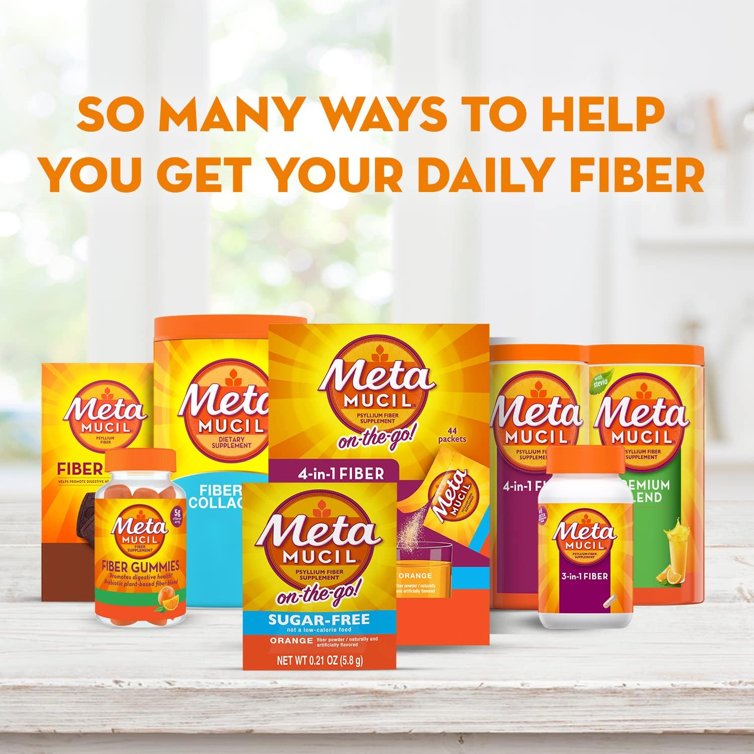 Metamucil On-The-Go Sugar-Free Orange Fiber Drink Packets for Digestive Health - 44 Pack.