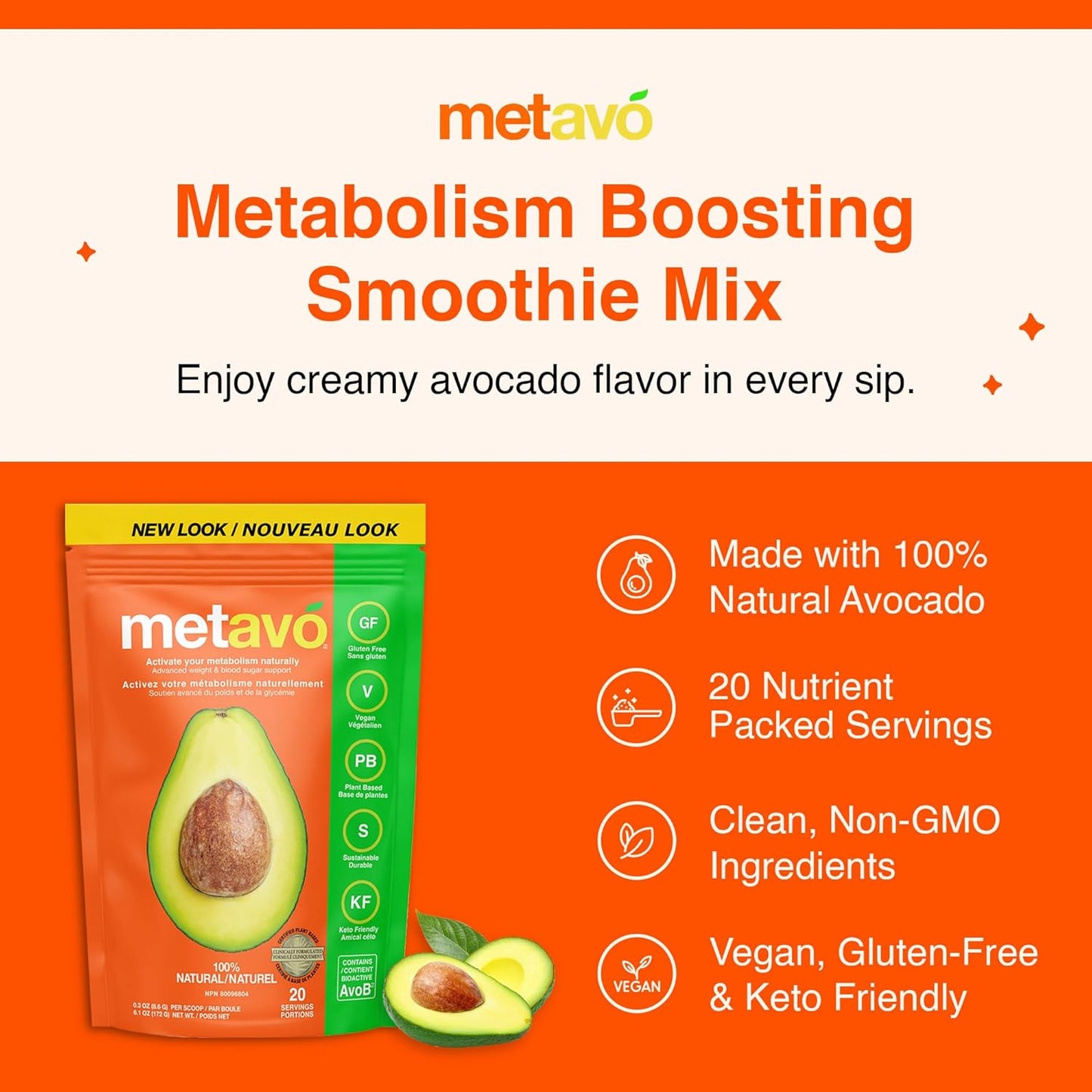 Metavo Metabolism Boosting Smoothie Mix with AvoB & Chromium - Energy Support Supplement for Weight Loss and Sugar Craving Control, 20 Servings