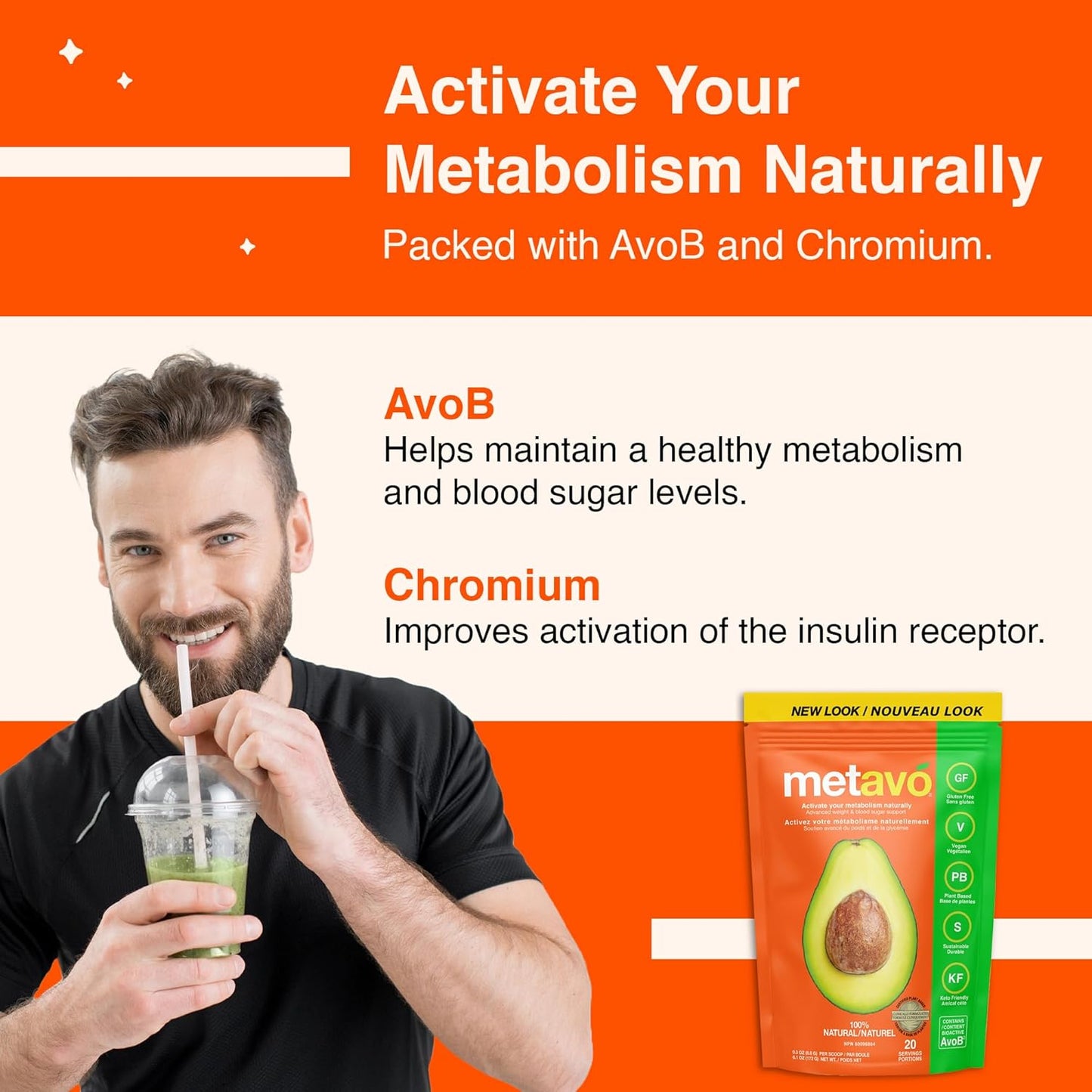 Metavo Metabolism Boosting Smoothie Mix with AvoB & Chromium - Energy Support Supplement for Weight Loss and Sugar Craving Control, 20 Servings