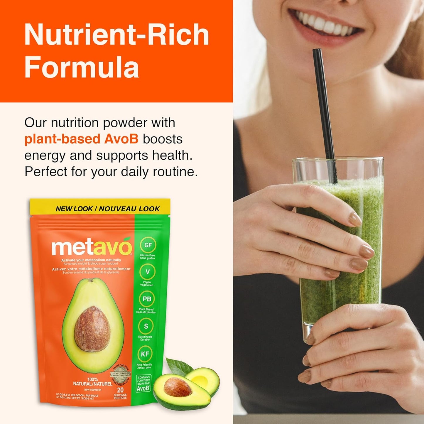 Metavo Metabolism Boosting Smoothie Mix with AvoB & Chromium - Energy Support Supplement for Weight Loss and Sugar Craving Control, 20 Servings