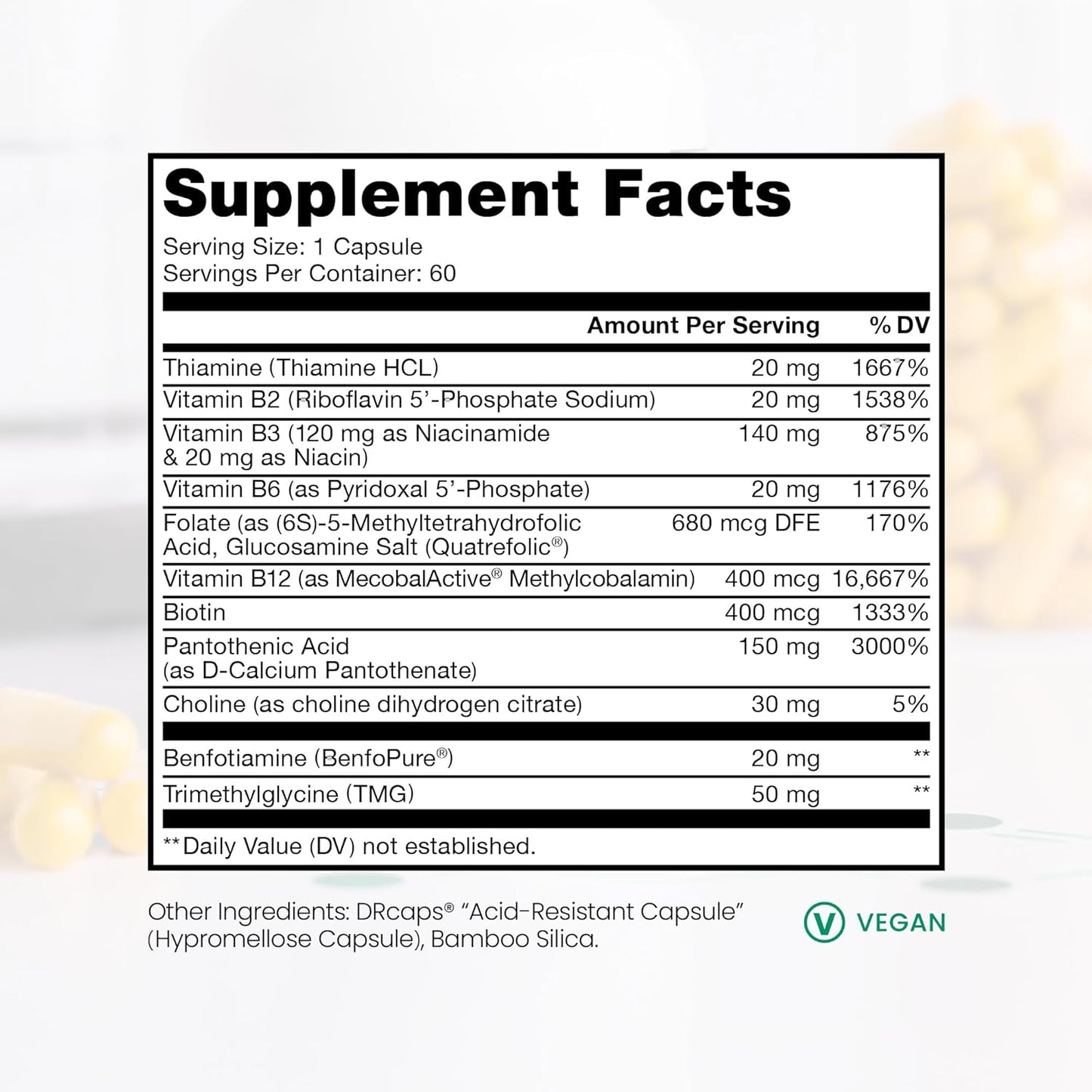 Methyl Active B Vitamins Supplement for Men and Women - Methylated B12, Methylfolate, Benfotiamine, Choline, Niacin, TMG - 60 Capsules