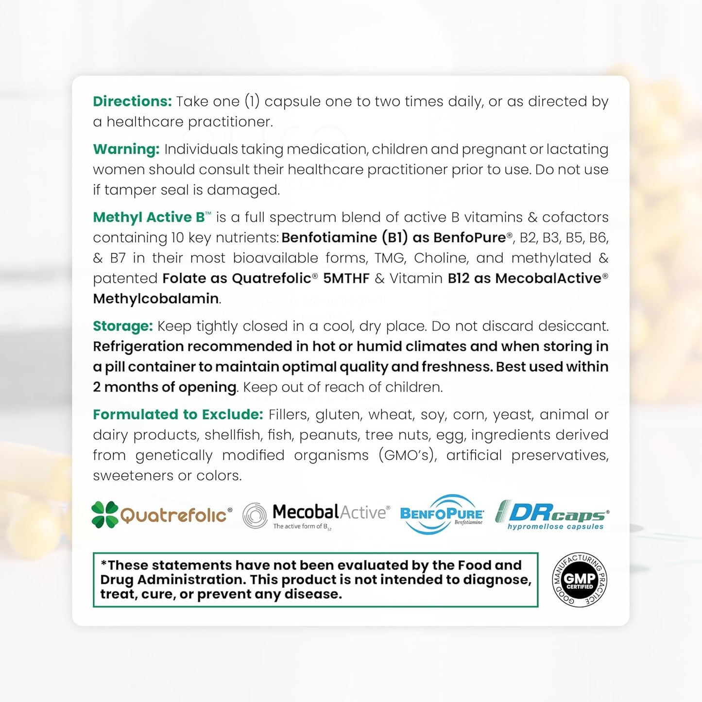 Methyl Active B Vitamins Supplement for Men and Women - Methylated B12, Methylfolate, Benfotiamine, Choline, Niacin, TMG - 60 Capsules