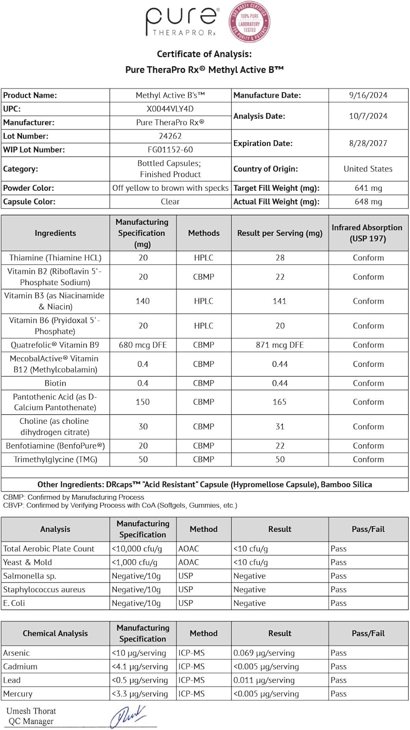 Methyl Active B Vitamins Supplement for Men and Women - Methylated B12, Methylfolate, Benfotiamine, Choline, Niacin, TMG - 60 Capsules