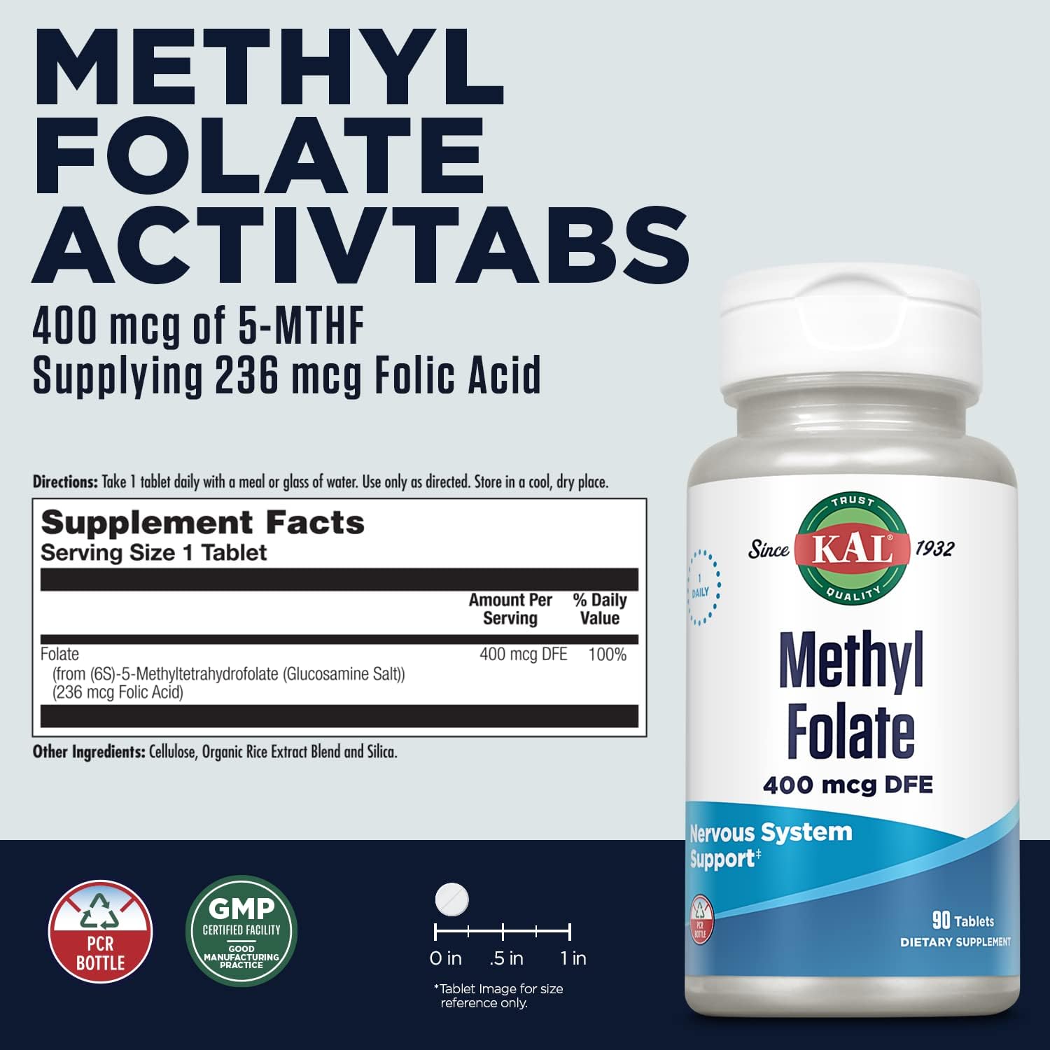 Methyl Folate 400 mcg DFE, 5-MTHF Active Form Vitamin B9 Supplement for Heart Health, Prenatal, Mood & Brain Support - 90 Tablets