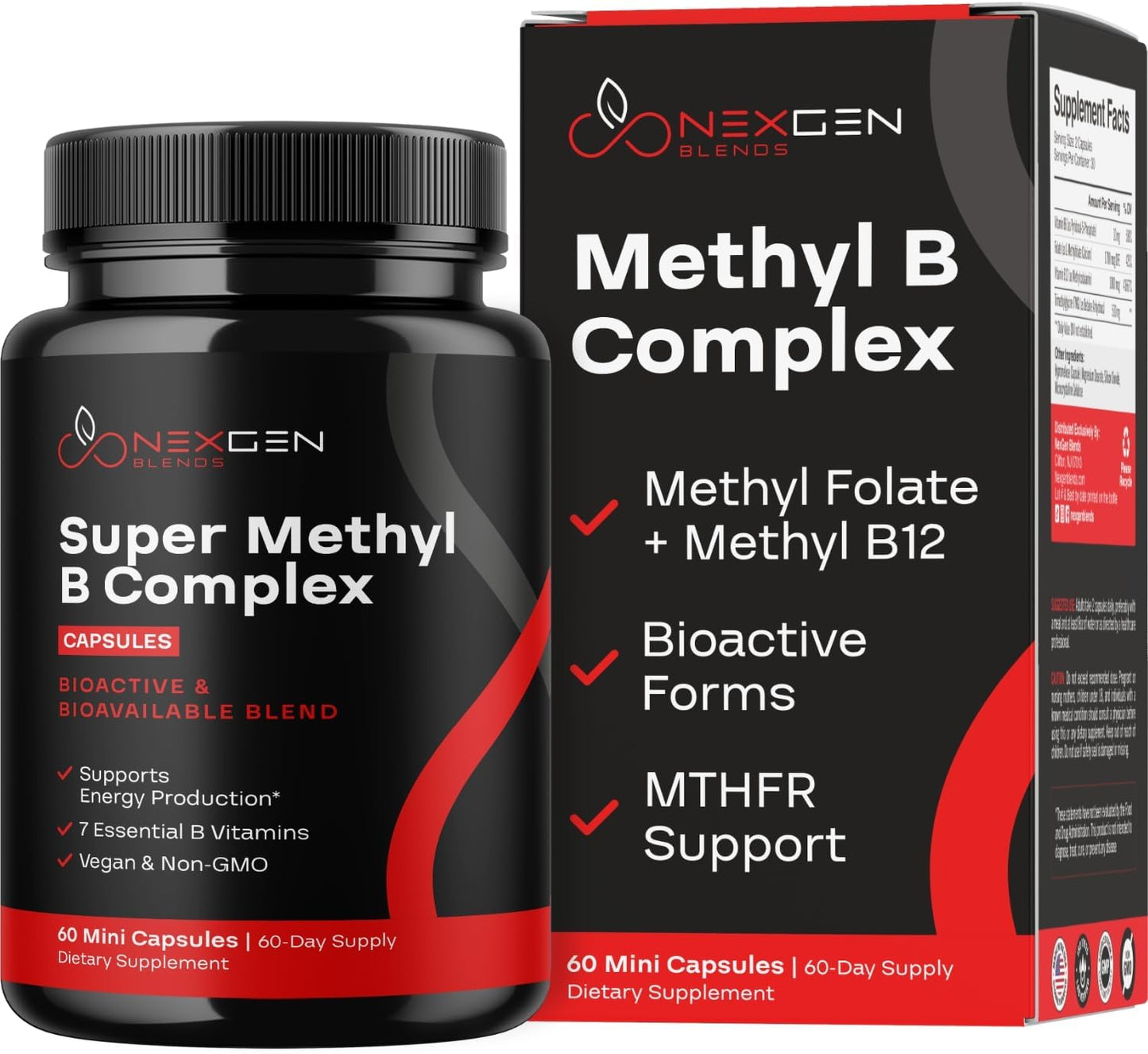 Methylated B Complex Vitamin Supplement with Bioactive Methyl Folate & B12 - Supports Brain, Heart, Energy, & Homocysteine - 60 Capsules