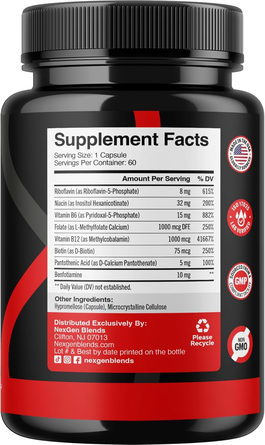 Methylated B Complex Vitamin Supplement with Bioactive Methyl Folate & B12 - Supports Brain, Heart, Energy, & Homocysteine - 60 Capsules