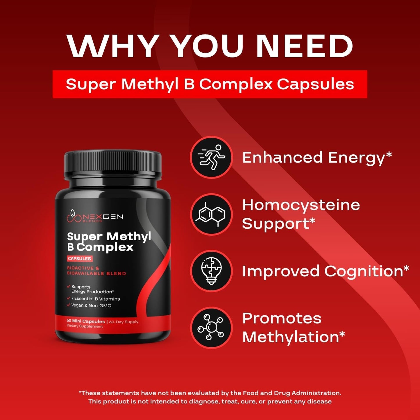 Methylated B Complex Vitamin Supplement with Bioactive Methyl Folate & B12 - Supports Brain, Heart, Energy, & Homocysteine - 60 Capsules