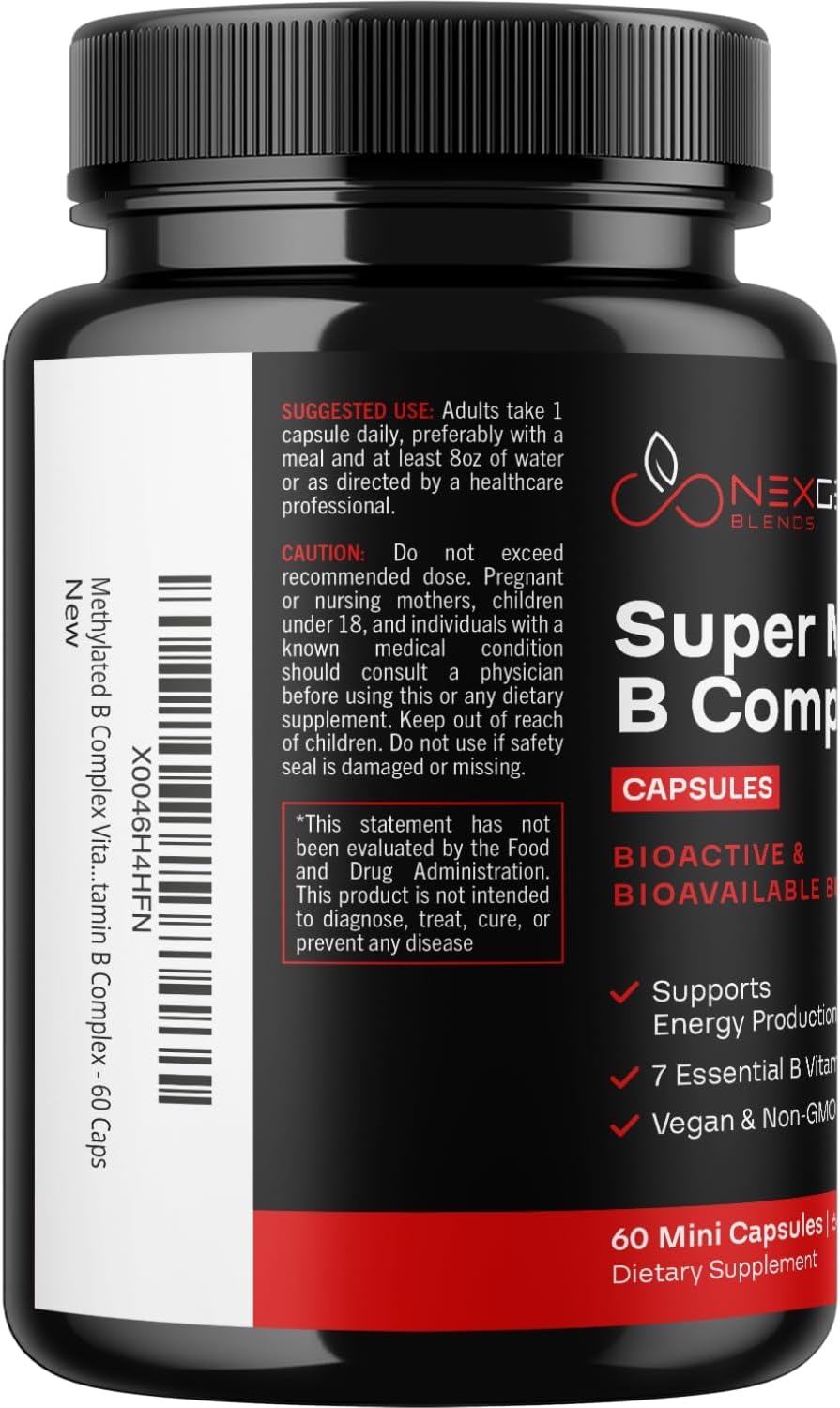 Methylated B Complex Vitamin Supplement with Bioactive Methyl Folate & B12 - Supports Brain, Heart, Energy, & Homocysteine - 60 Capsules