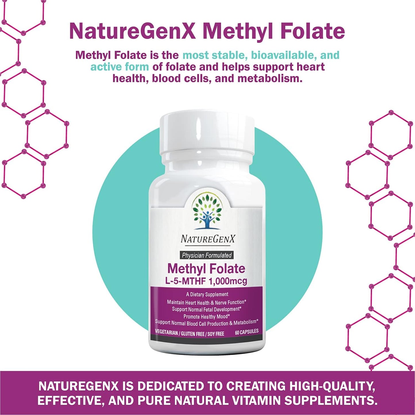Methylfolate MTHRF Supplement - 1000 mcg Bioactive Vitamin B9 (5-MTHF) - Pregnancy Support - 60 Capsules - Gluten-Free