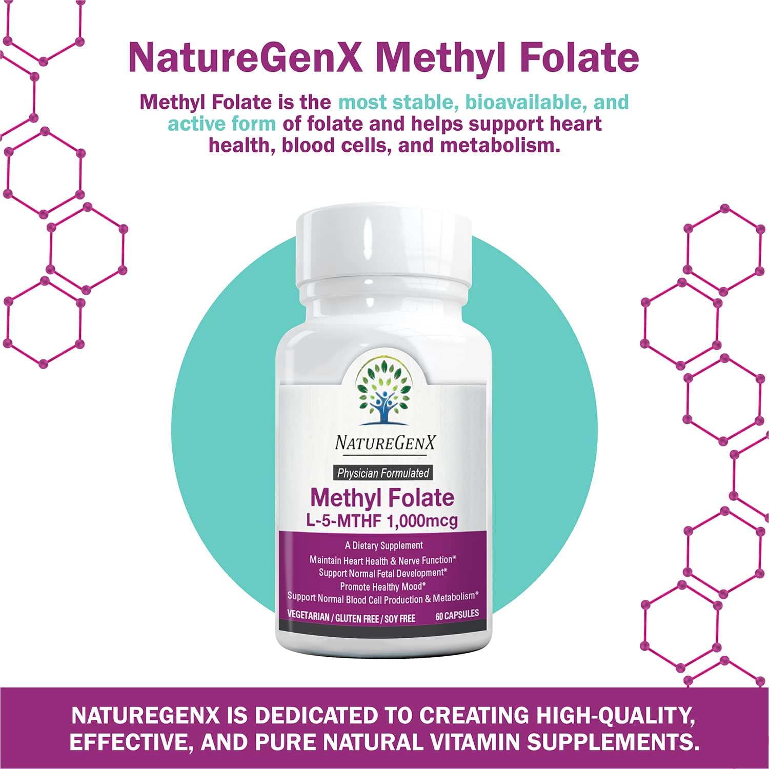 Methylfolate MTHRF Supplement - 1000 mcg Bioactive Vitamin B9 (5-MTHF) - Pregnancy Support - 60 Capsules - Gluten-Free