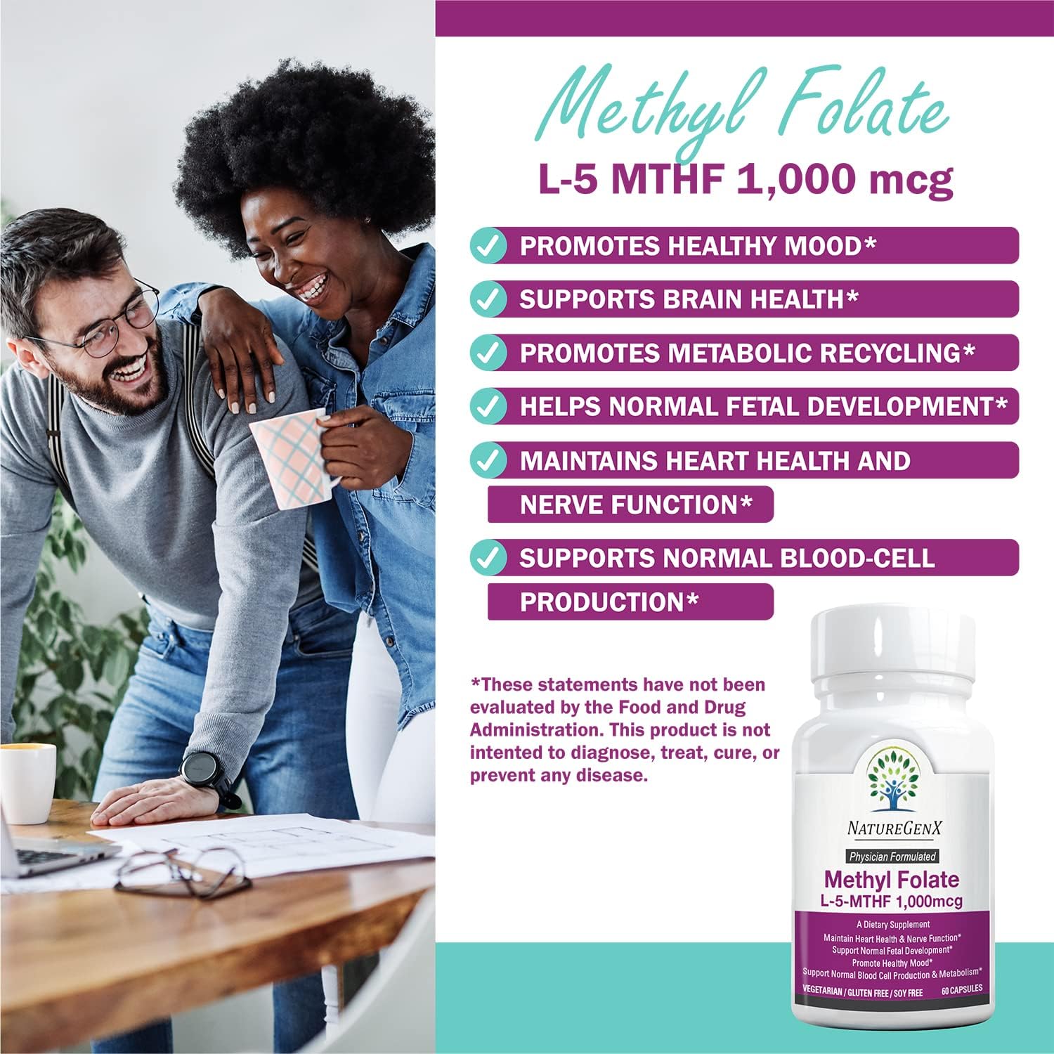 Methylfolate MTHRF Supplement - 1000 mcg Bioactive Vitamin B9 (5-MTHF) - Pregnancy Support - 60 Capsules - Gluten-Free