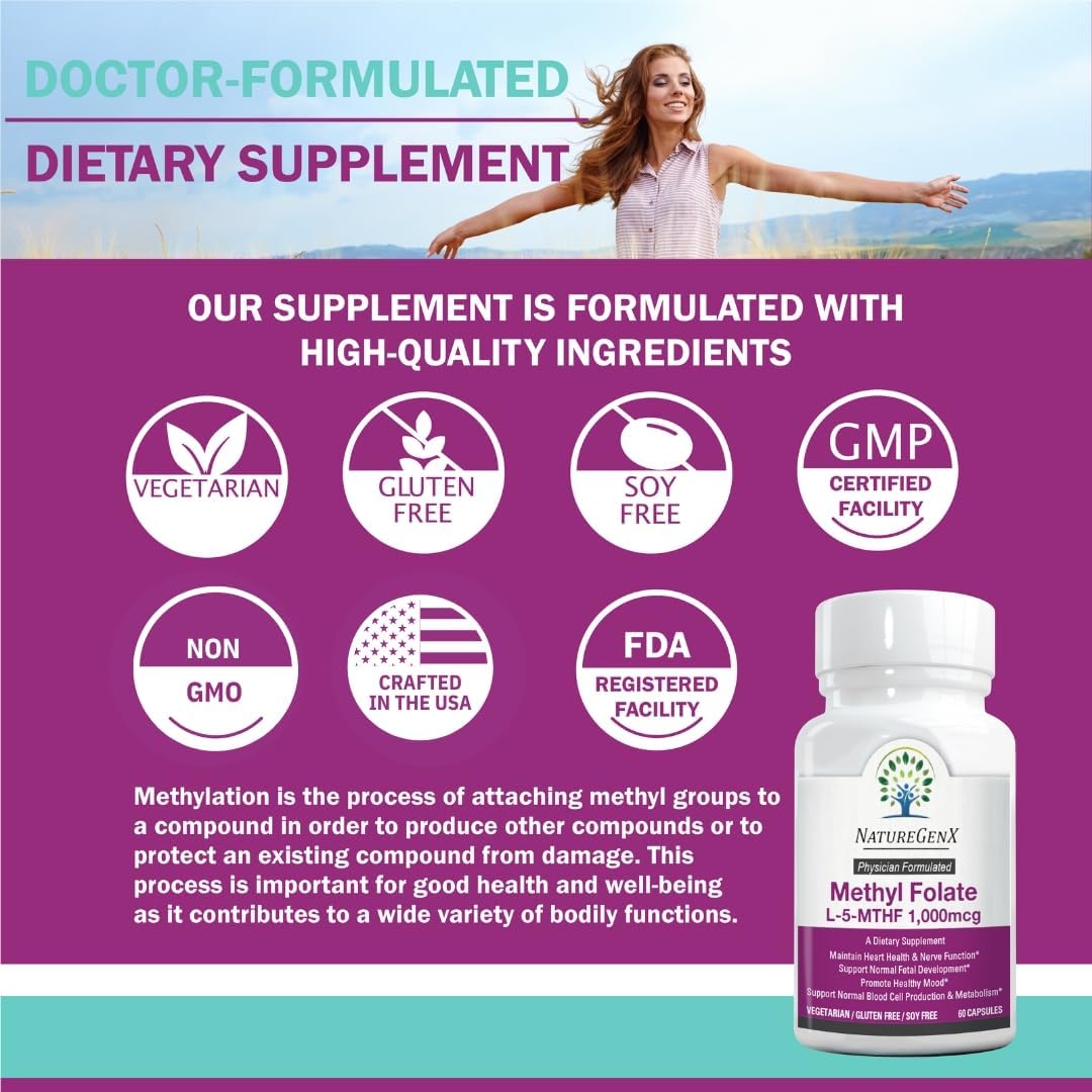 Methylfolate MTHRF Supplement - 1000 mcg Bioactive Vitamin B9 (5-MTHF) - Pregnancy Support - 60 Capsules - Gluten-Free