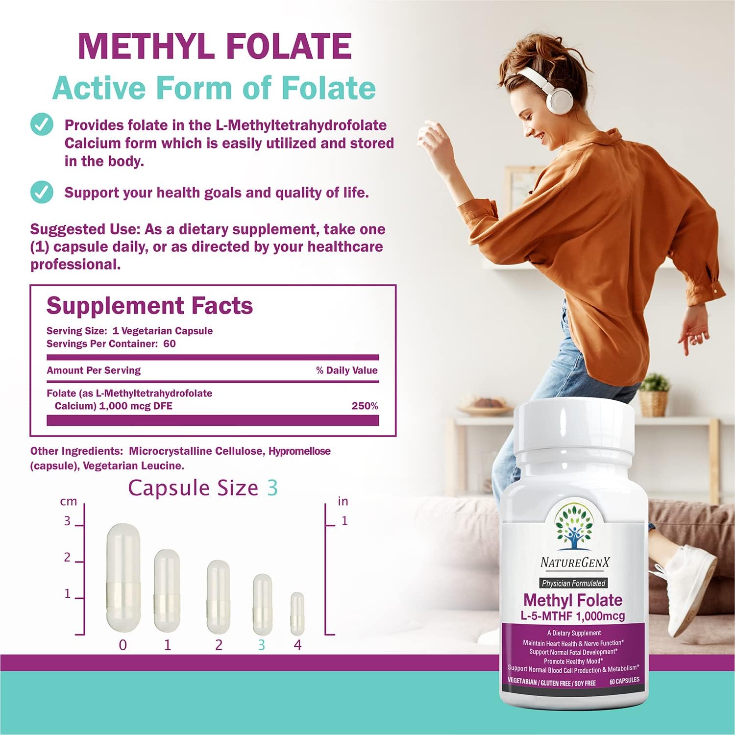 Methylfolate MTHRF Supplement - 1000 mcg Bioactive Vitamin B9 (5-MTHF) - Pregnancy Support - 60 Capsules - Gluten-Free