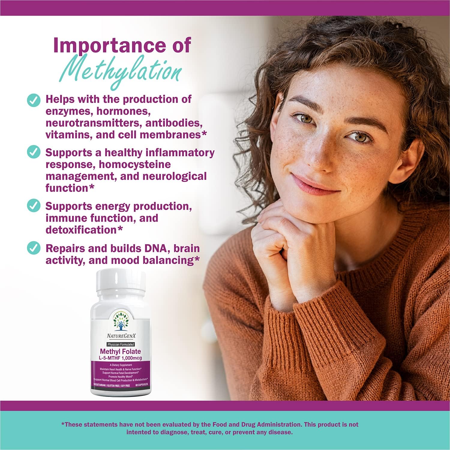 Methylfolate MTHRF Supplement - 1000 mcg Bioactive Vitamin B9 (5-MTHF) - Pregnancy Support - 60 Capsules - Gluten-Free