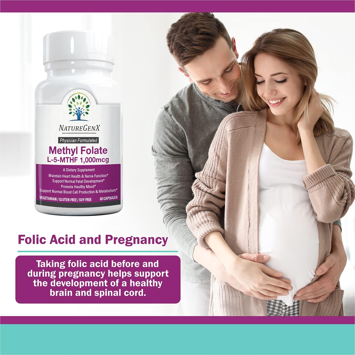 Methylfolate MTHRF Supplement - 1000 mcg Bioactive Vitamin B9 (5-MTHF) - Pregnancy Support - 60 Capsules - Gluten-Free