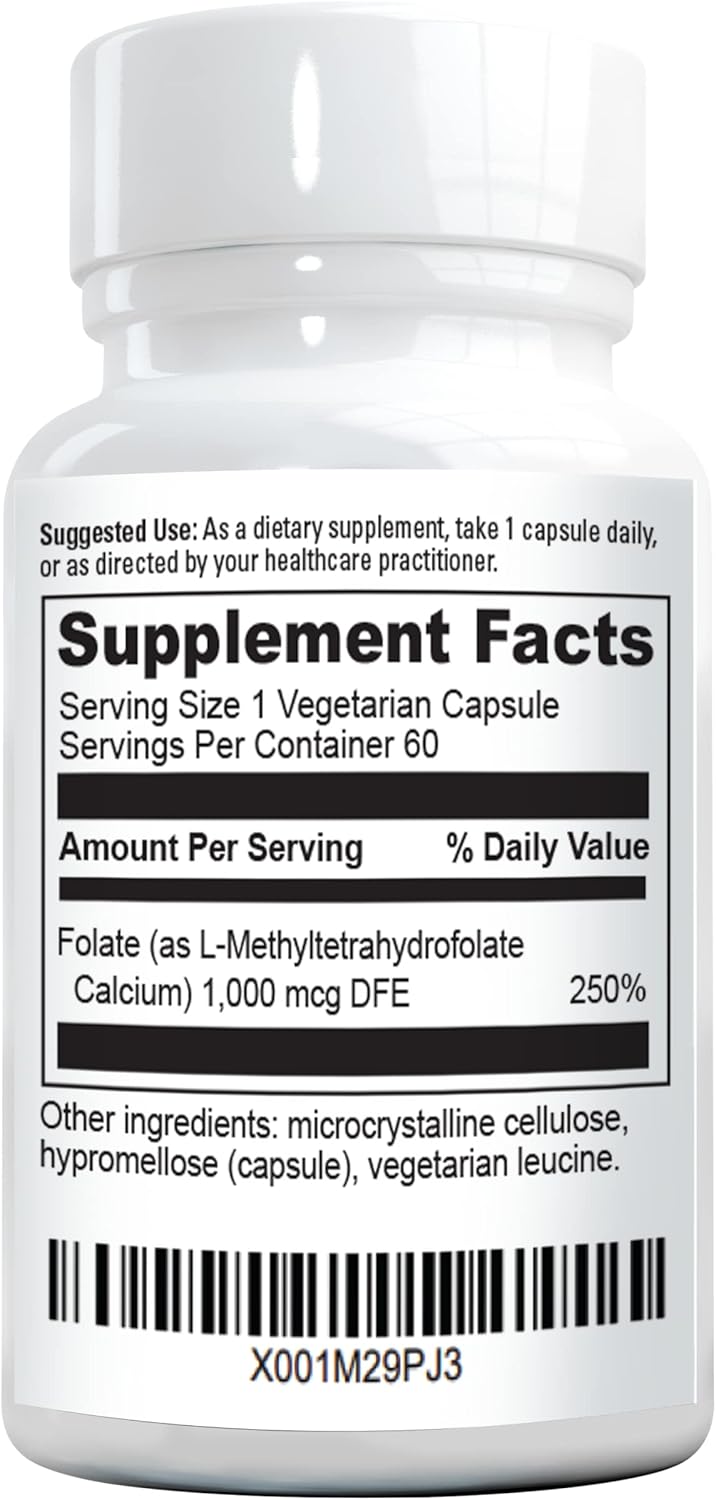 Methylfolate MTHRF Supplement - 1000 mcg Bioactive Vitamin B9 (5-MTHF) - Pregnancy Support - 60 Capsules - Gluten-Free