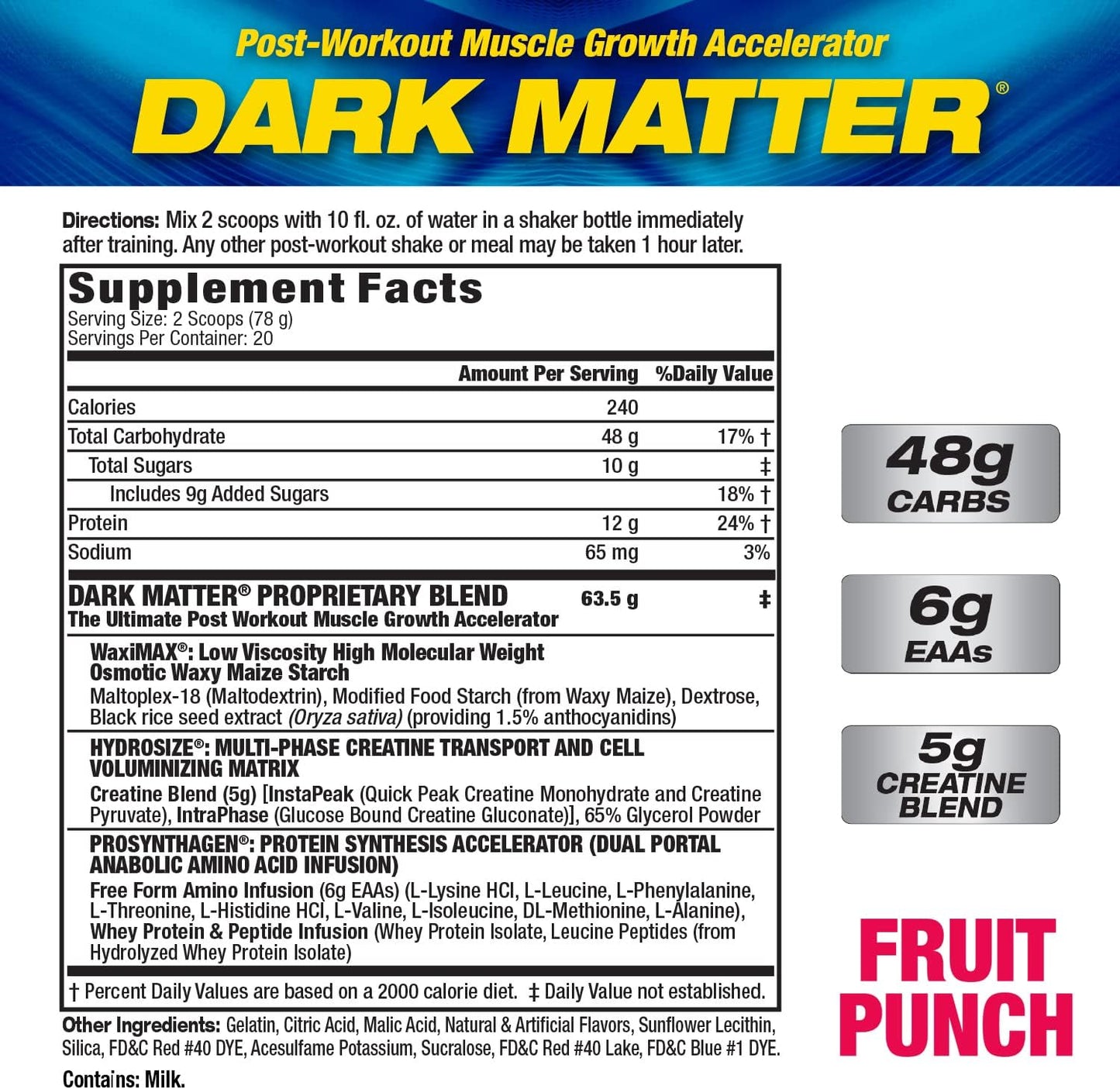 MHP Dark Matter Post Workout Recovery Accelerator with Multi Phase Creatine, Waxy Maize Carbohydrate, 6g EAAs, Fruit Punch - 20 Servings