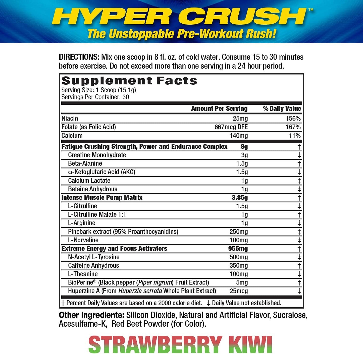 MHP Hyper Crush Pre Workout Powder - Boosts Energy, Muscle Pump, Power, Fights Fatigue - Creatine, Beta Alanine, Nitric Oxide, Citrulline, AKG - Strawberry Kiwi, 30 Servings