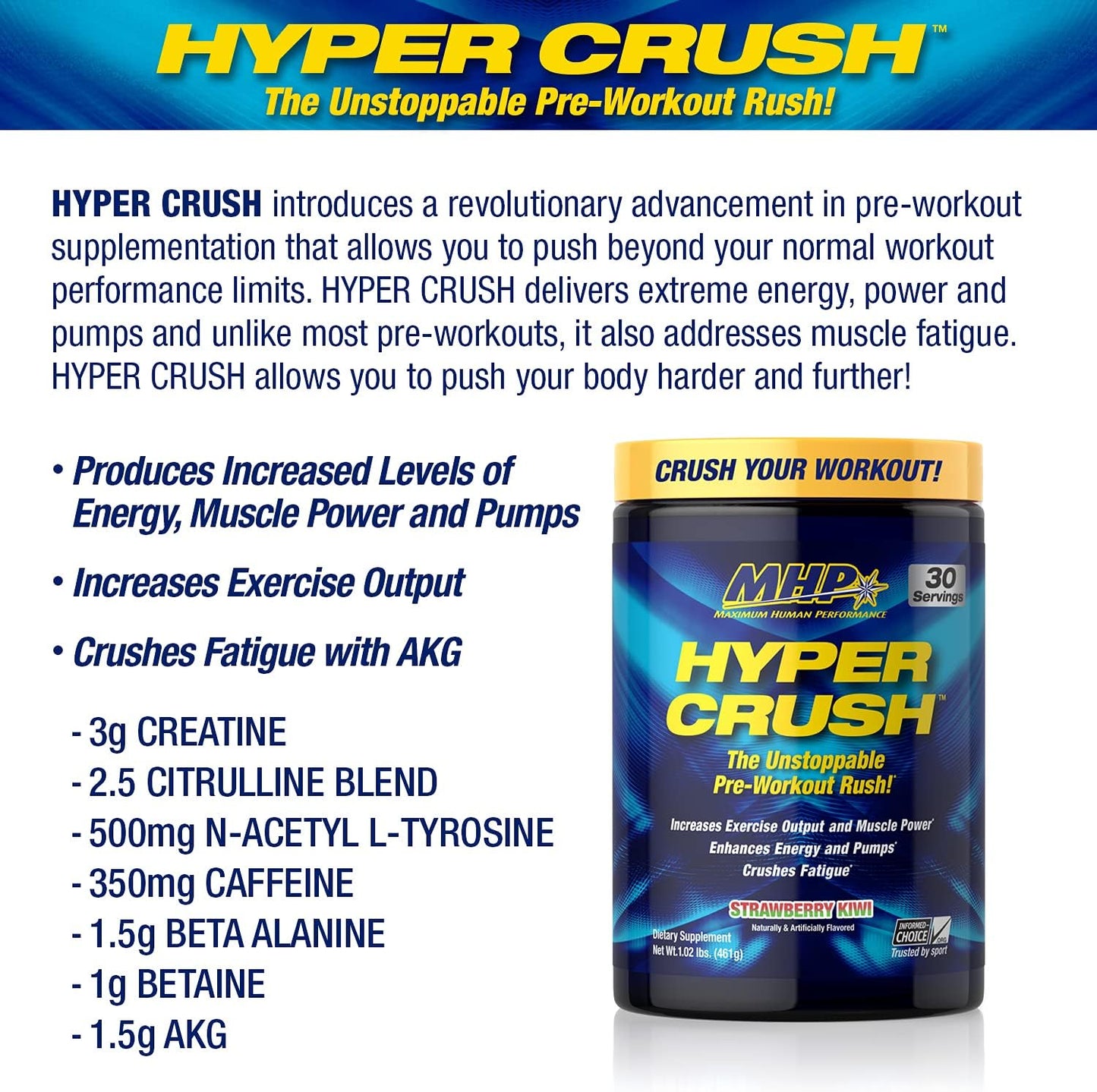 MHP Hyper Crush Pre Workout Powder - Boosts Energy, Muscle Pump, Power, Fights Fatigue - Creatine, Beta Alanine, Nitric Oxide, Citrulline, AKG - Strawberry Kiwi, 30 Servings