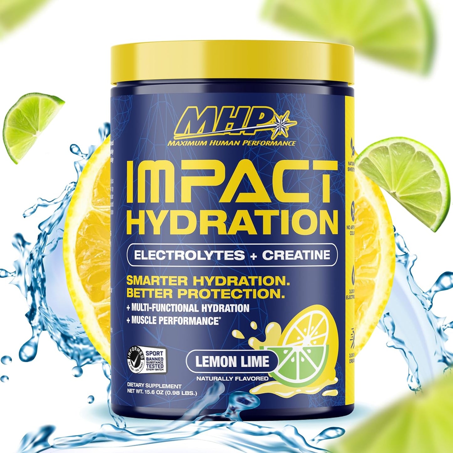 MHP Impact Hydration Electrolyte Creatine Sports Drink Mix - Lemon Lime, 30 Servings - Performance & Recovery Formula with No Artificial Sweeteners